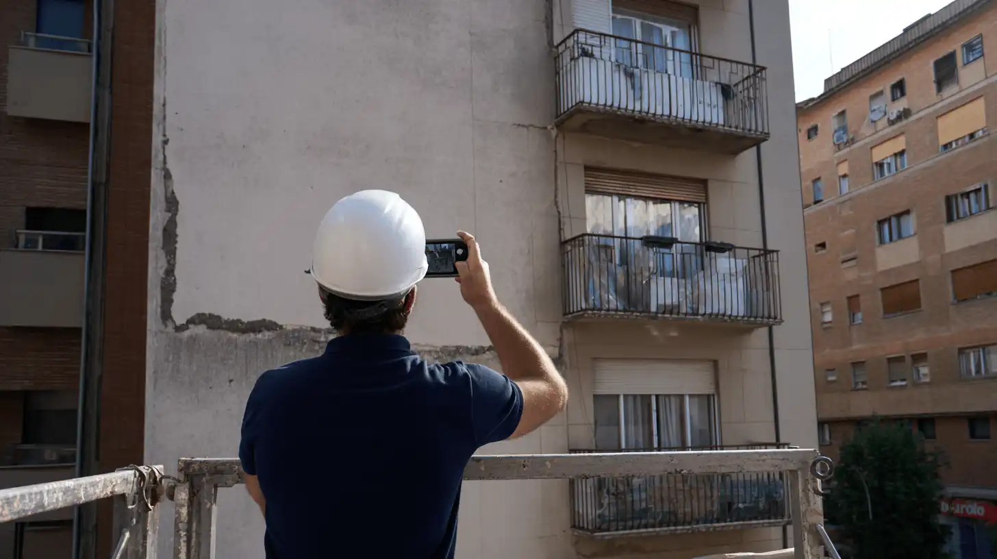 Técnico inspeccionando las fisuras de una fachada durante la ITE en Sabadell