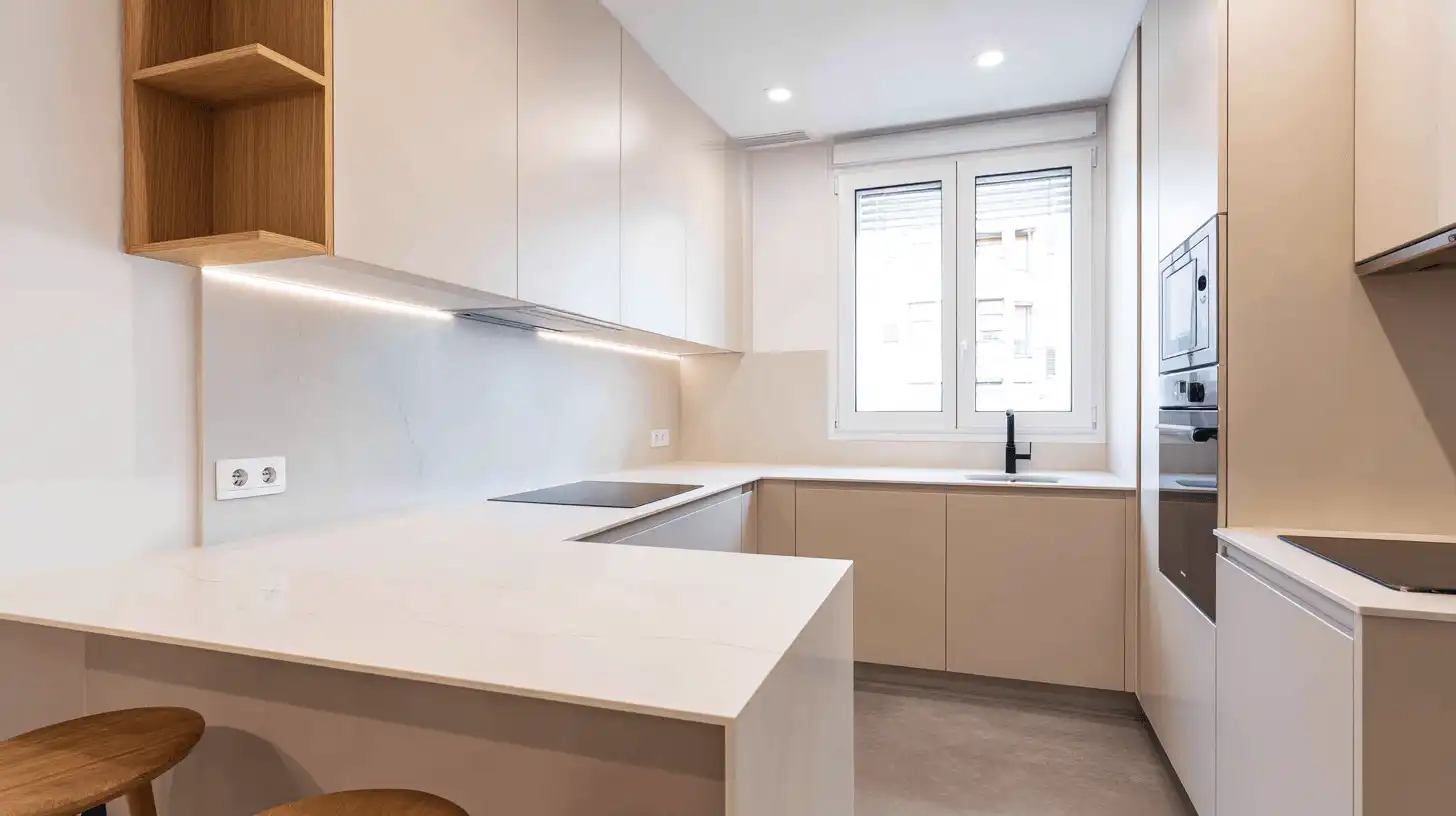Reforma de cuina blanca amb península i barra d’esmorzar a Sabadell